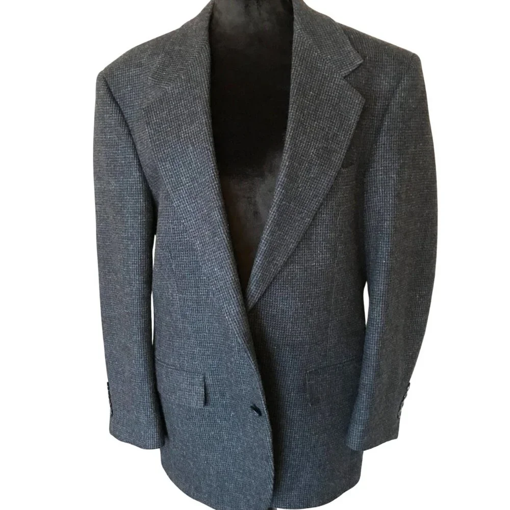 Evan-Picone Wool Tweed Blazer Vintage 80s Sport Coat, Black Gray Men’s Size 42